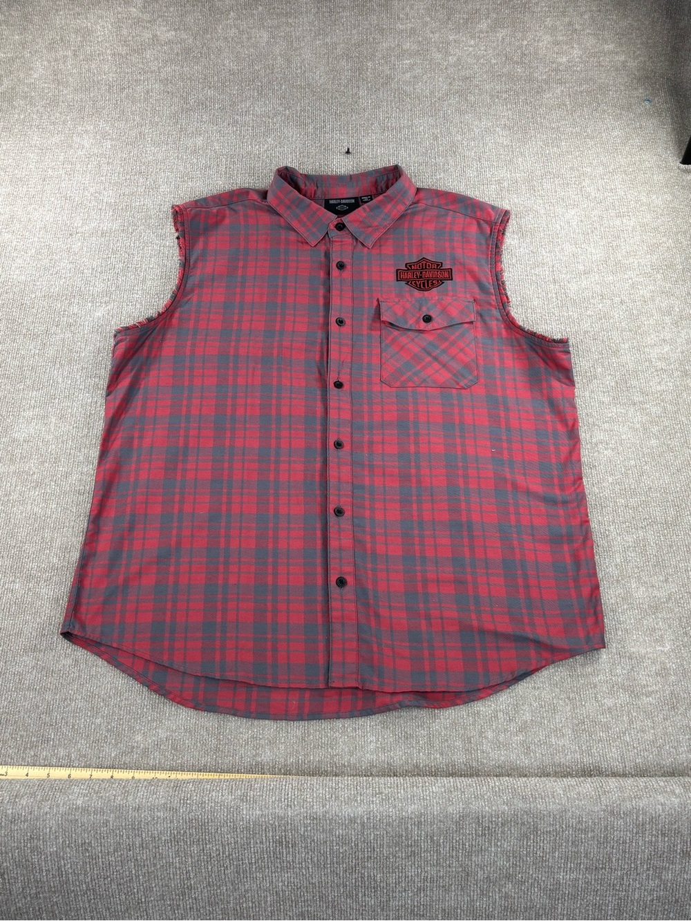 Harley Davidson Sleeveless Plaid Shirt 2XL Biker Cut Off Button Up Red Gray